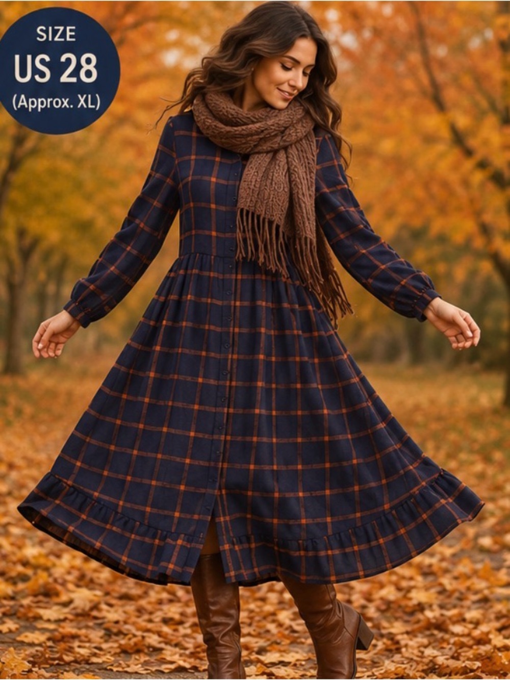 Navy & Rust Plaid Button-Front Maxi Shirt Dress – Size US 28